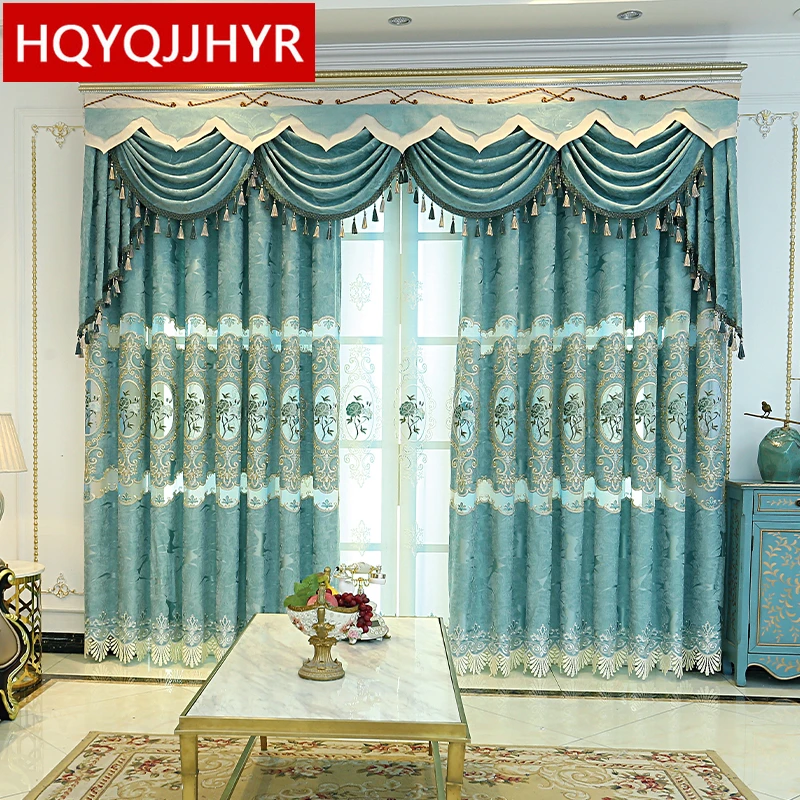 

European Blue High Quality Villa Embroidered Decoration Living Room Curtain Luxury Elegant Curtain For Bedroom Hotel Kitchen