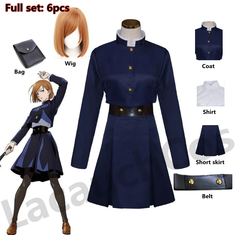 

New Jujutsu Kaisen Cosplay Costume Kugisaki Nobara Wig Waist Bag Top Skirt Coat Halloween Women Uniform Waist Arms Bag Full Set
