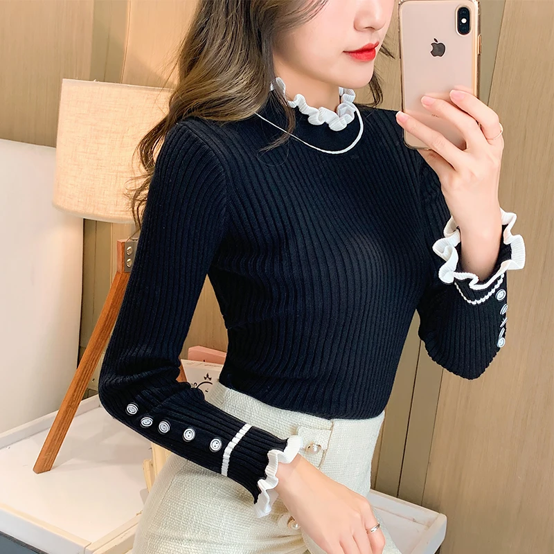 

New Autumn Winter Sweaters Fashion Cute Half Turtleneck Pullovers Knitted Ladies Sweater Women Ruffles Sleeve Bastic Kintting