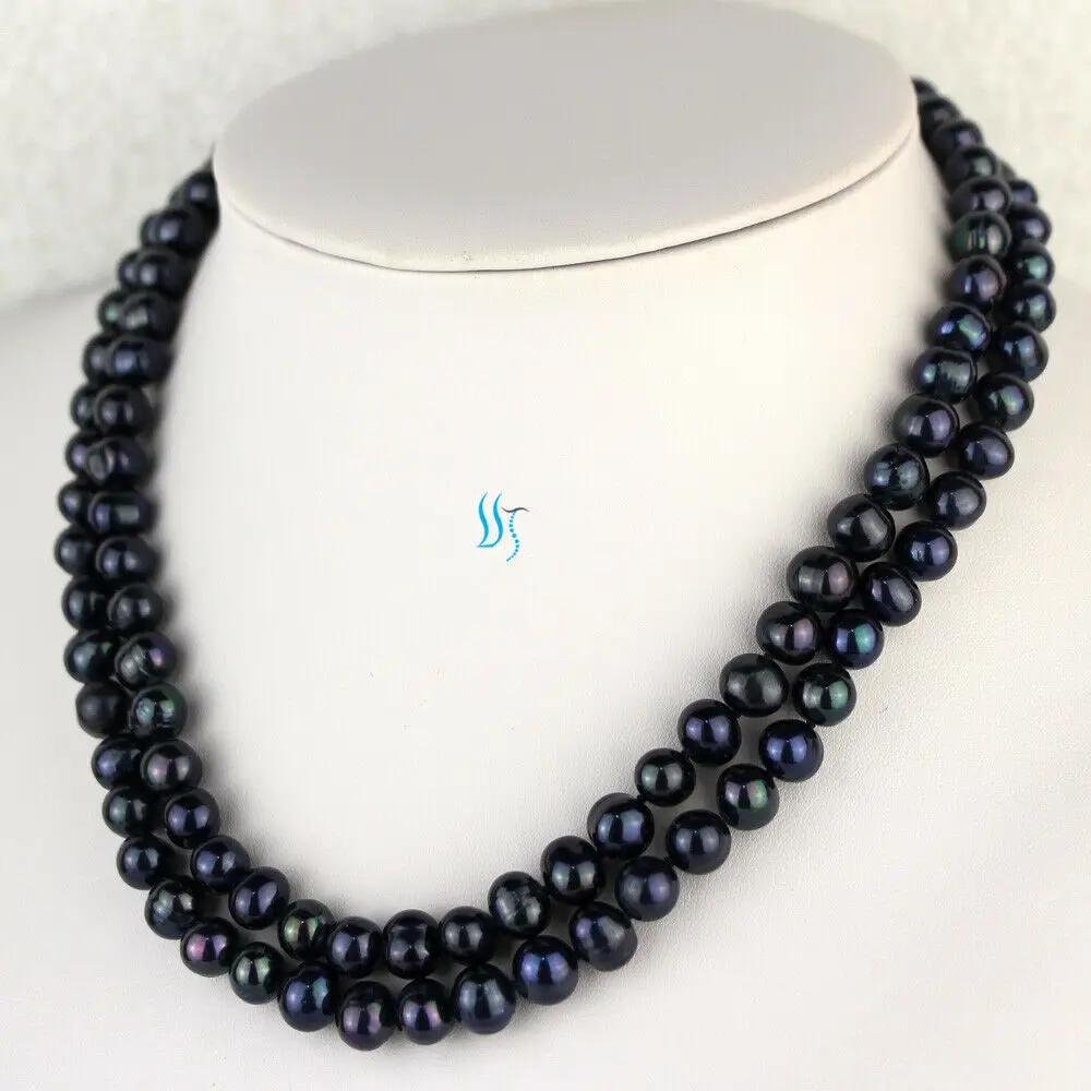 

17-18" 7-9mm 2row Black Freshwater Pearl Necklace Strand Fashion Jewelry