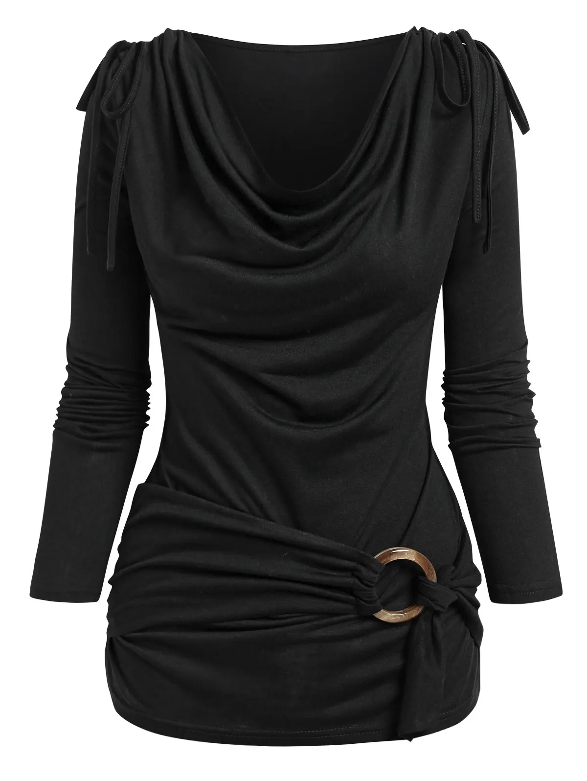 

Cowl Neck Cinched O Ring Tee Long Sleeve Loose Tops 2021 Women's Spring Autumn Style Blouses Shirt