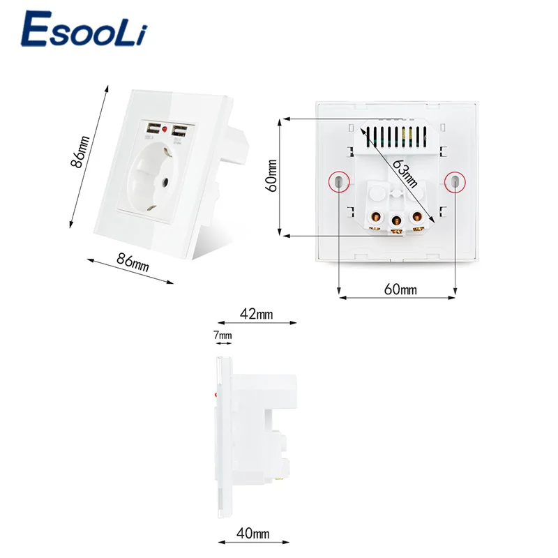 Esooli белая Хрустальная стеклянная панель двойной usb зарядный порт 2.1A 16A Россия