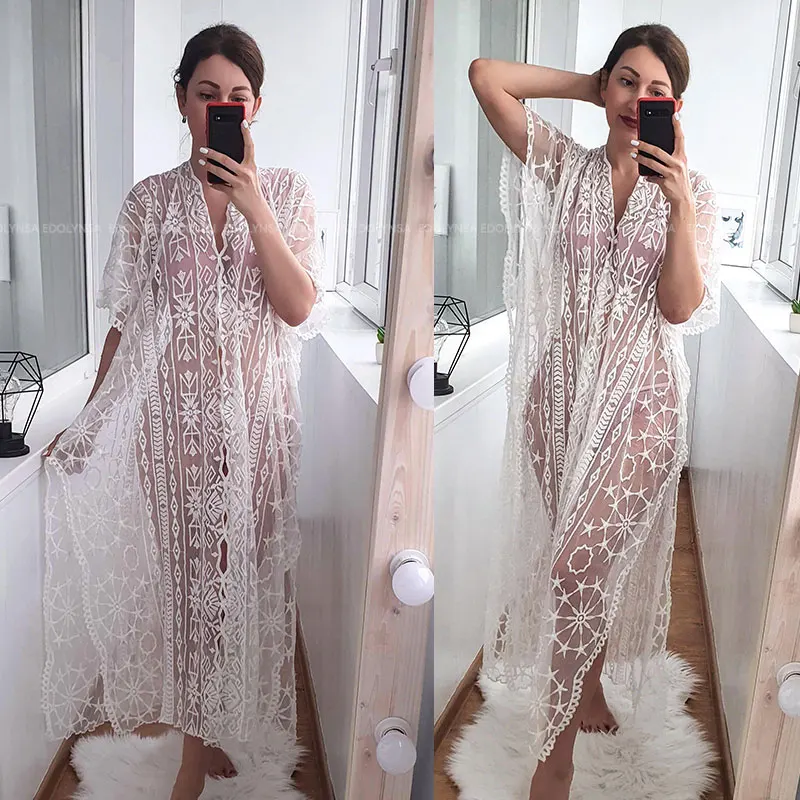 Женское пляжное шифоновое платье туника свободное Прозрачное с глубоким V