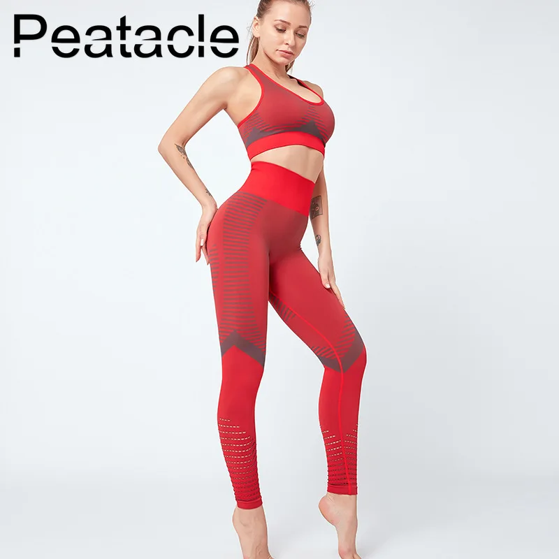 Женский костюм для йоги Peatacle из 2 предметов, спортивный бюстгальтер и леггинсы, Комплект топ с пуш-ап эффектом, розовая одежда для тренировок с высокой талией