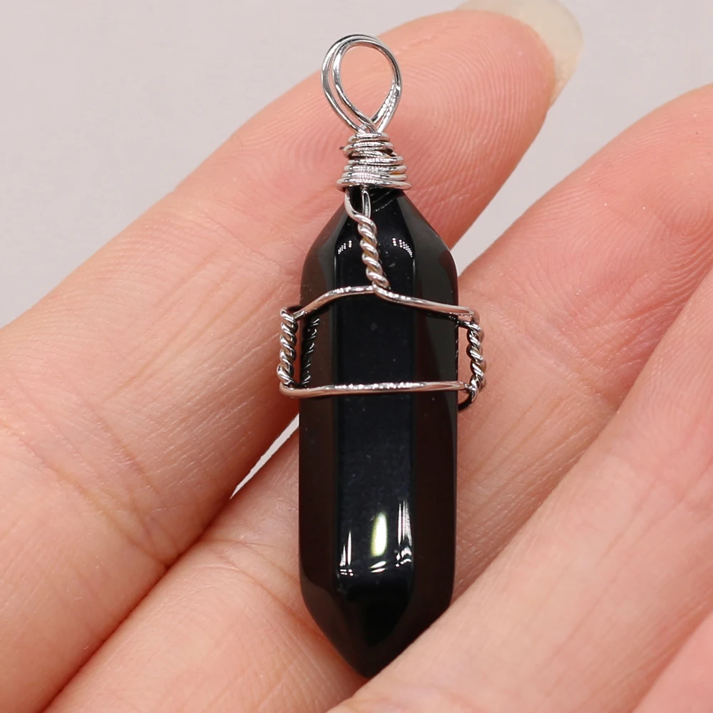 

Natural Semi-precious Stone Pendant Black Agate Around Silver Wire 10x40mm for DIY Jewelry Making High Quality Gift