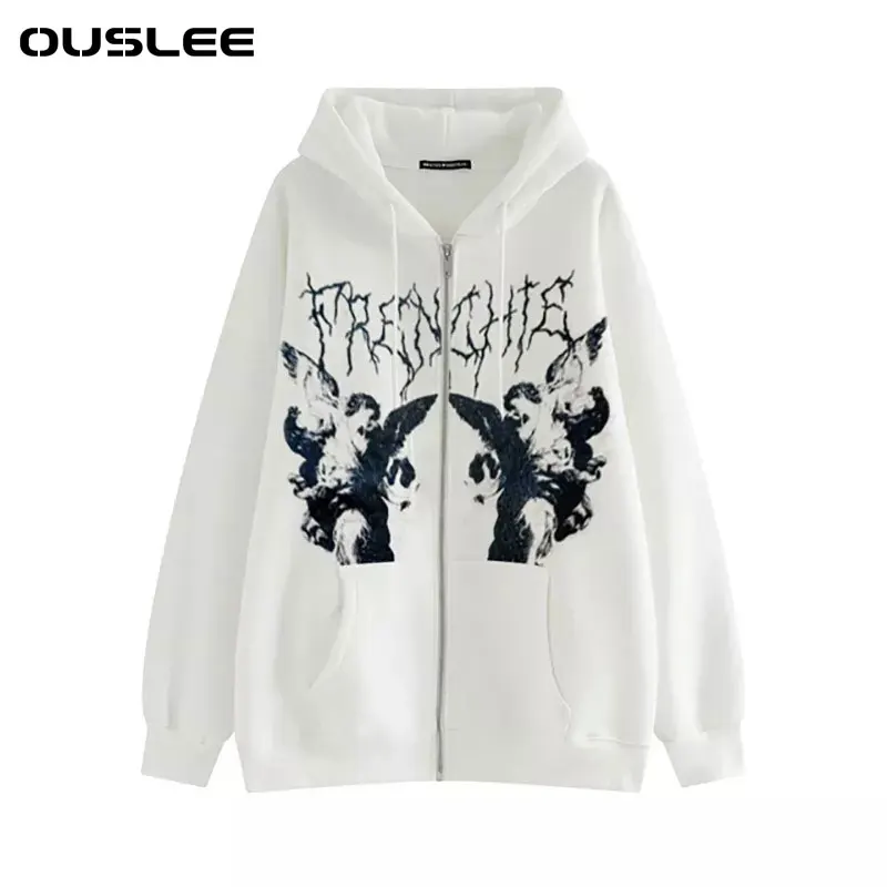 OUSLEE Autumn Women Hip Hop Streetwear Hooded Jacket Angel Dark Print Jacket Outwear Zipper Grunge Y2K Aesthetic Streetwear