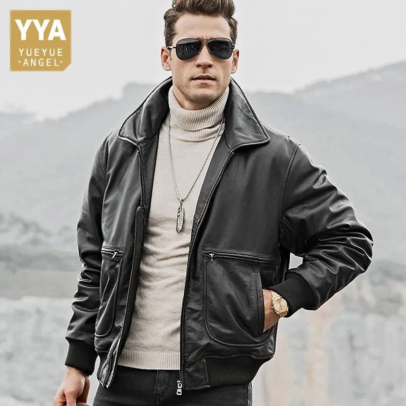 

Euro Plus Size Genuine Leather Cowhide Mens Jackets Rib Sleeve Zipper Turn Down Collar Pockets Casual Male Cotton Liner Coats