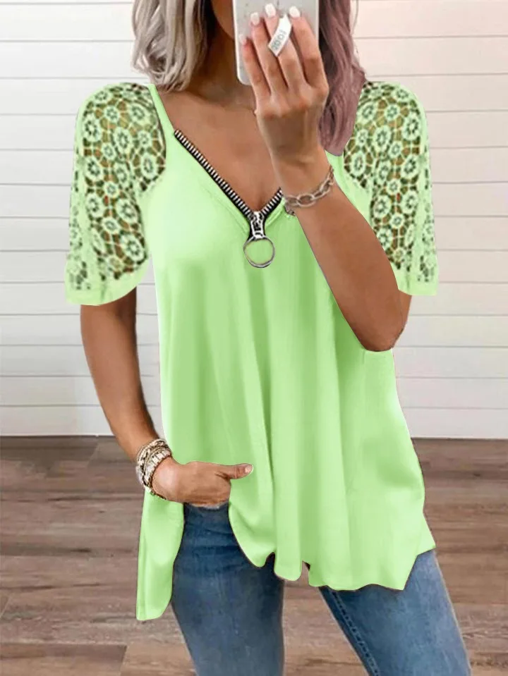

Large size lace women blouse summer fashion casual lace women blouse V-neck zipper short-sleeved women top shirt