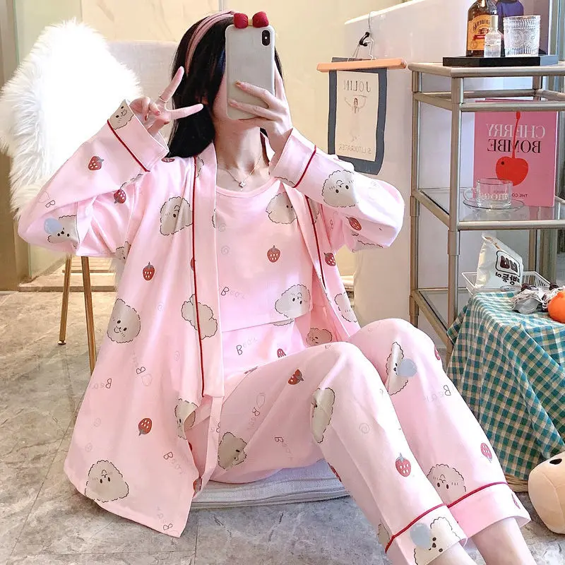 3Pcs Spring Autumn Cotton Pajamas for Postpartum Pregnant Women Breastfeeding Sweat-absorbent Thin Pajamas for Pregnant Women
