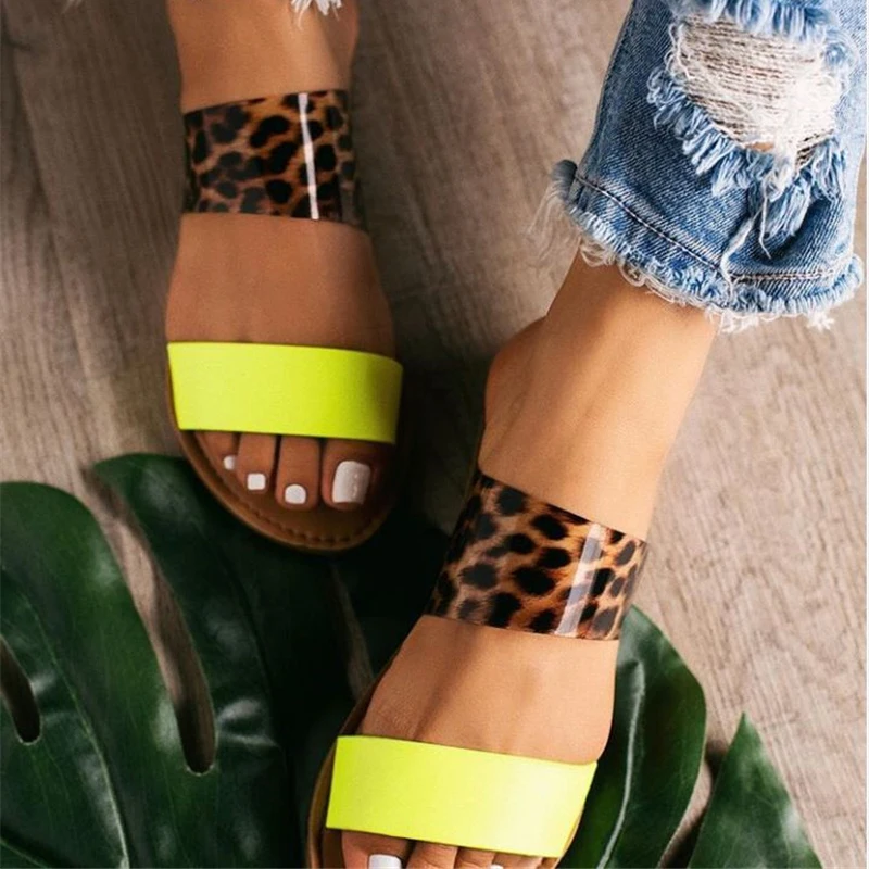 2020 летние Для женщин ярко-желтого цвета Туфли без каблуков тапочки и леопардовым