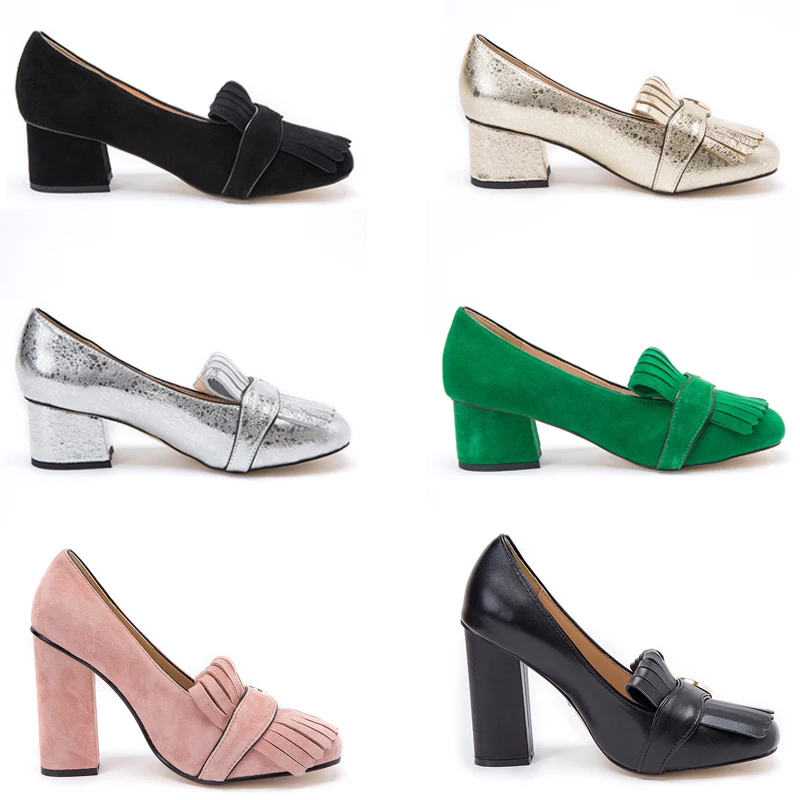 

High Heeled Pump Shoes for Women Genuine Leather Round Toe Chunky Heels Elegant Tassel Ladies Designer Buckle Pumps Top Quality