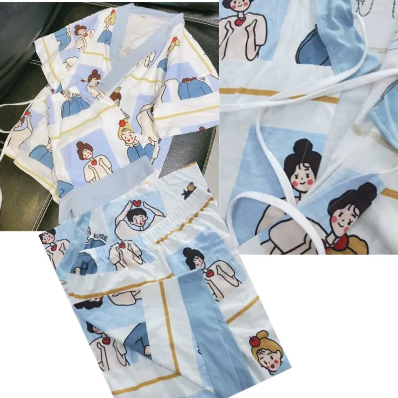 Kimono Pajamas For Women Cotton Cozy Homewear Short Sleeve 2022 Japan Anime Kimono Mujer Pink Peach Harajuku Girls Sleepwear