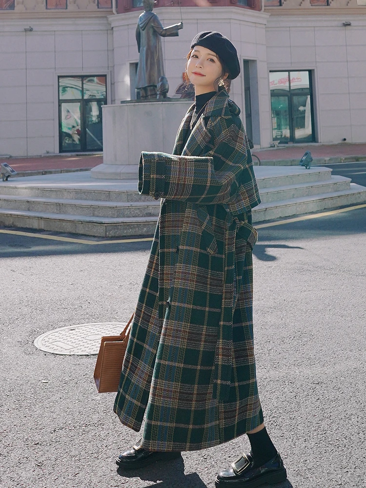 

2020 Fashion Winter Green Plaid Woolen Coat Women's Over Knee New Korean Thickened Cashmere Wool Jacket Female Outwear Fall
