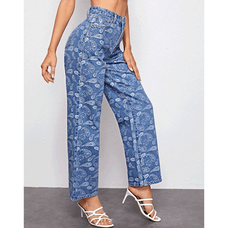 

Paisley Print Wide Leg Jeans Women Casual Loose High Waisted Straight Leg Jeans Female Vintage Denim Pants Vaqueros Anchos Mujer