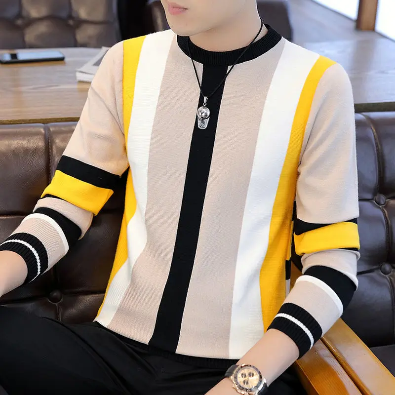 

2021 Autumn and Winter New Men 's Pullover Round Neck Striped Sweater