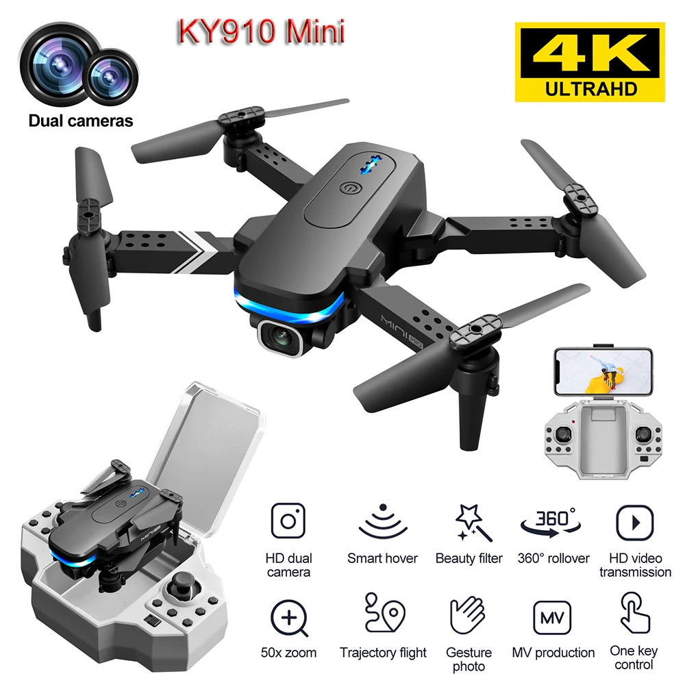 

KY910 Mini Drone with Dual Camera 4K UHD Wide Angle 50 Zoom Wifi Tiny Portable Professional Foldable RC Quadrocopter Toys Gift