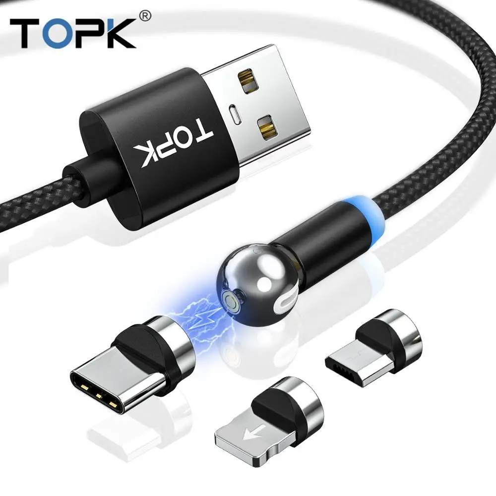 Магнитный зарядный кабель TOPK AM28 поворот на 360 градусов Micro USB Тип C СВЕТОДИОДНЫЙ