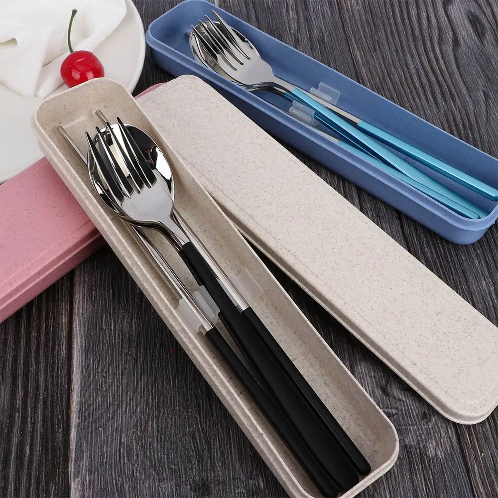 3Pcs Stainless Steel Chopsticks Spoon Fork Tableware Set Portable Gift Box Adult School Travel Picnic Wheat Straw Cutlery Set