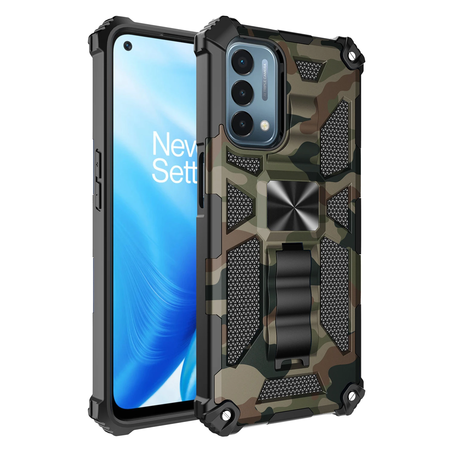 

For One Plus 9 9Pro Nord N10 5G Nord N100 Nord N200 5GCases Shockproof Armor Ring Stand Bumper Camouflage Back Cover Phone Case