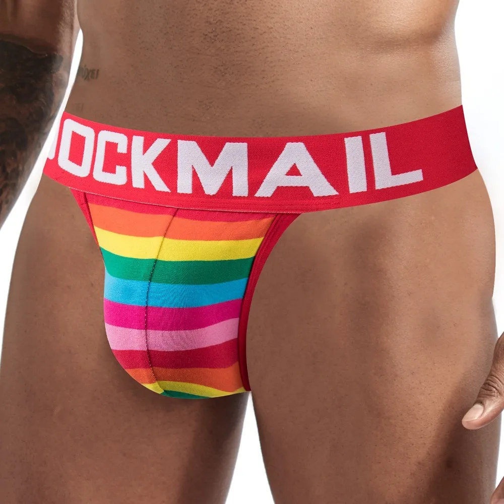 

New Men's Sexy Seamless Jockstrap Athletic Supporter Rainbow Striped Underwear Back Hallow Gym Workout Strap Briefs Hot sale