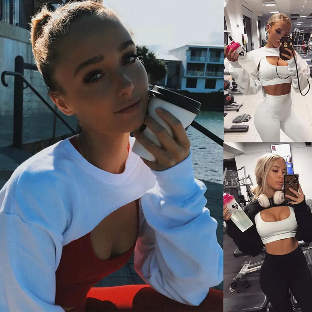 Женский свитшот с длинным рукавом черный/белый пуловер вырезом короткий джемпер