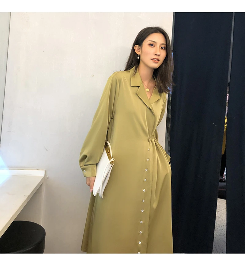 

[EAM] Women Green Pleated Split Joint Temperament Dress New Lapel Long Sleeve Loose Fit Fashion Tide Spring Autumn 2021 1T477