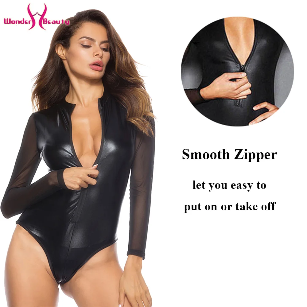 Black Mesh Long Sleeve Faux Leather Bodysuit Zipper Women Plus Size 4XL PU Body Feminino Sexy Clubwear Party PVC Bodysuits
