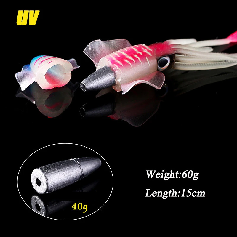 1PC 60g Fishing Squid Lure Octopus Calamar UV Luminous Squid Jigs With Hook Sea Fishing Wobble Bait For Bass Pike Soft Lure enlarge