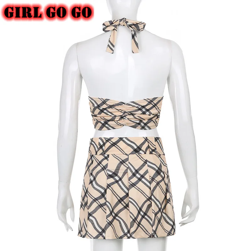 

2 piece set women vintage retro England style tank crop top mini skirt pleated ruched halter vest outfits plaids matching sets