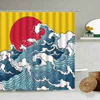 japanese wave shower curtain red sun blue nautical art tsunami whirlpool bathroom waterproof polyester curtains home decoration