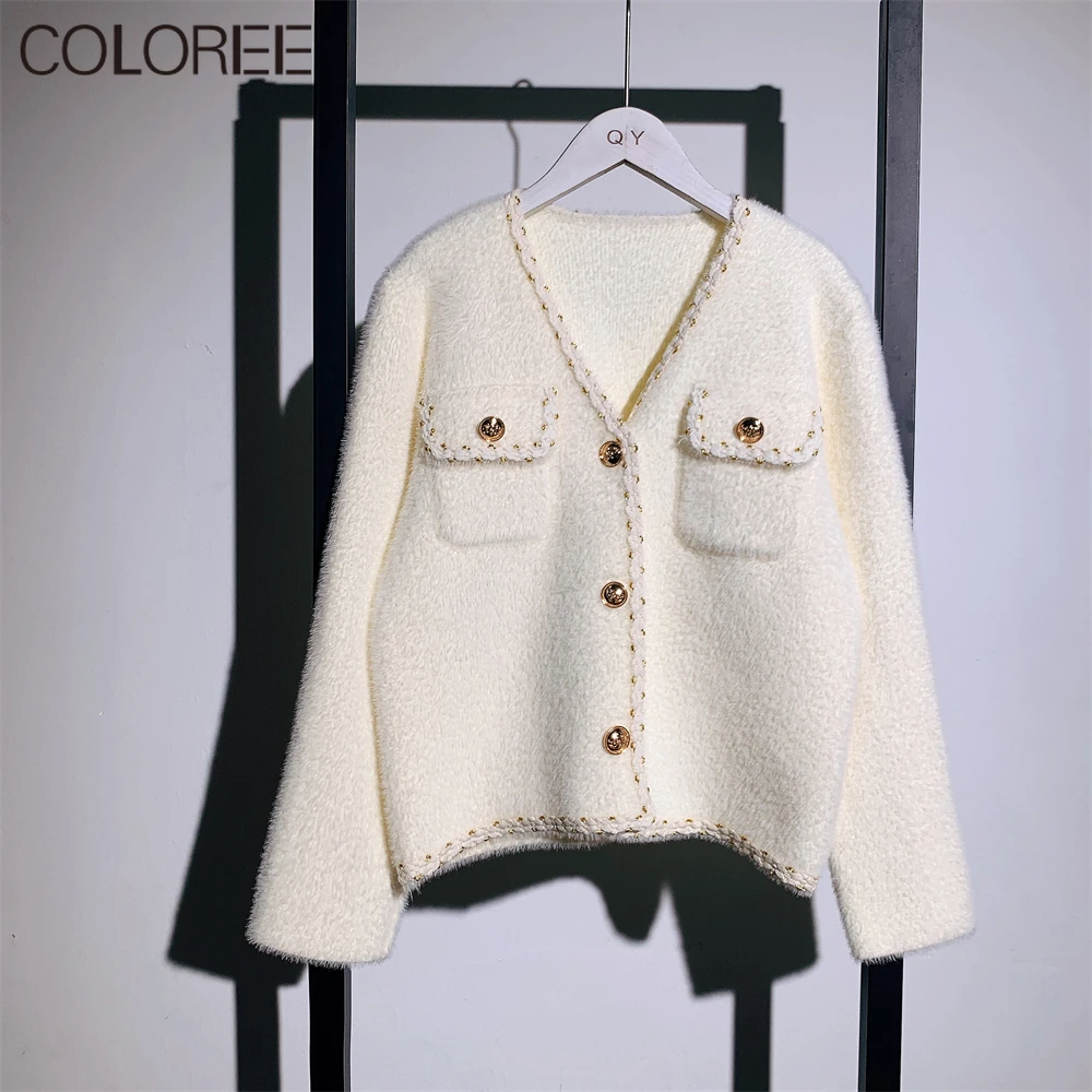 

White Black Knitted Sweater Cardigans Runway Fashion V-Neck Long Sleeve Pocket Tops Elegant Winter Clothes 2021 Outwear
