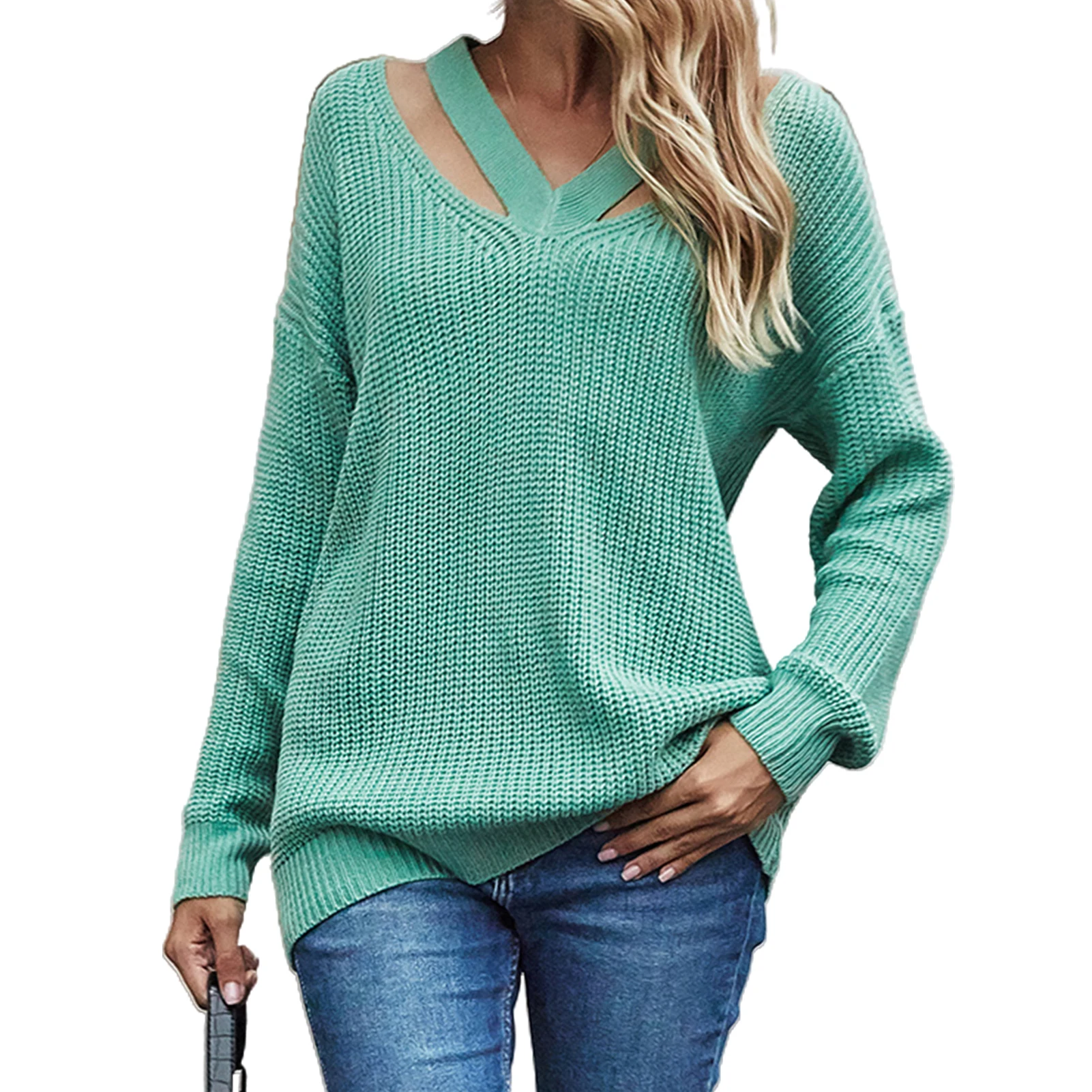 

HOT SALESNew Arrival Women Autumn Winter V Neck Long Sleeve Hollow Out Knitwear Sweater Loose Jumpers