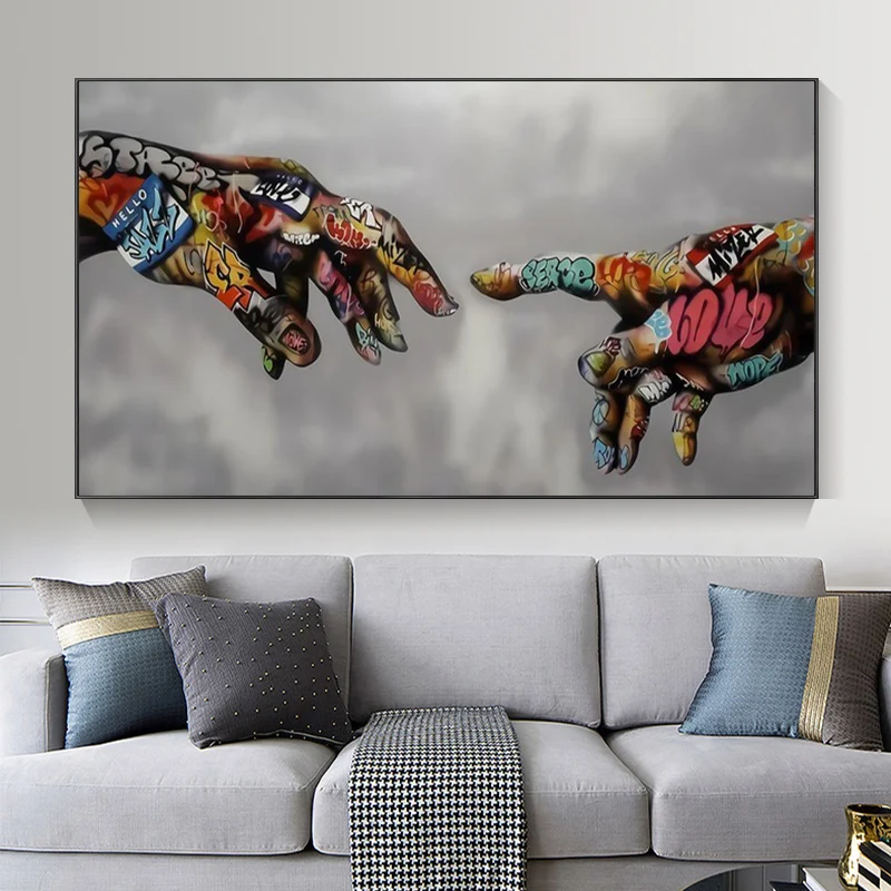 

Graffiti Art Creation Of Adam Canvas Posters And Prints Hand to Hand street Art Canvas Paintings on the Wall Art Pictures Cuadro