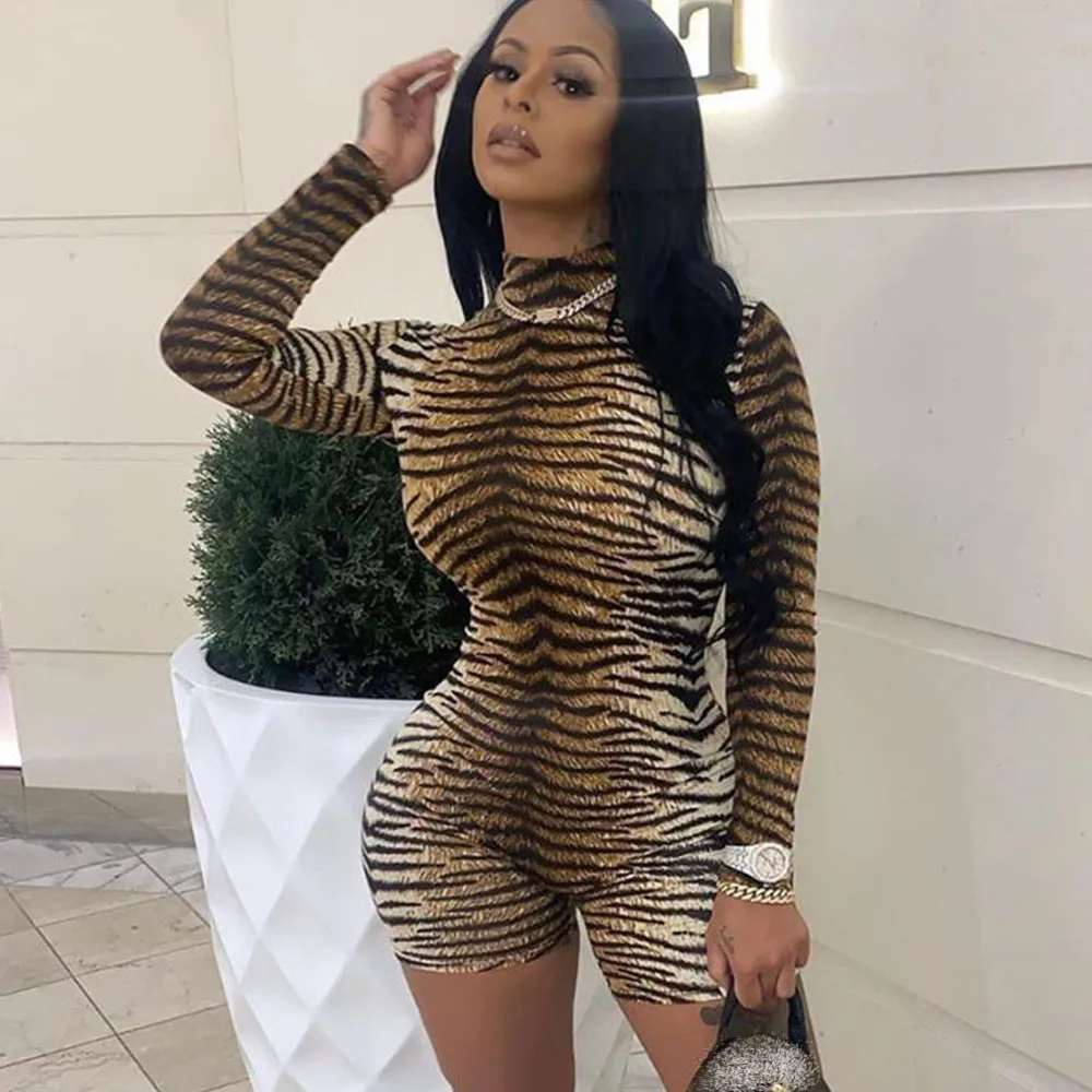 Животный принт Гепард облегающие шорты-комбинезон женские с длинным рукавом