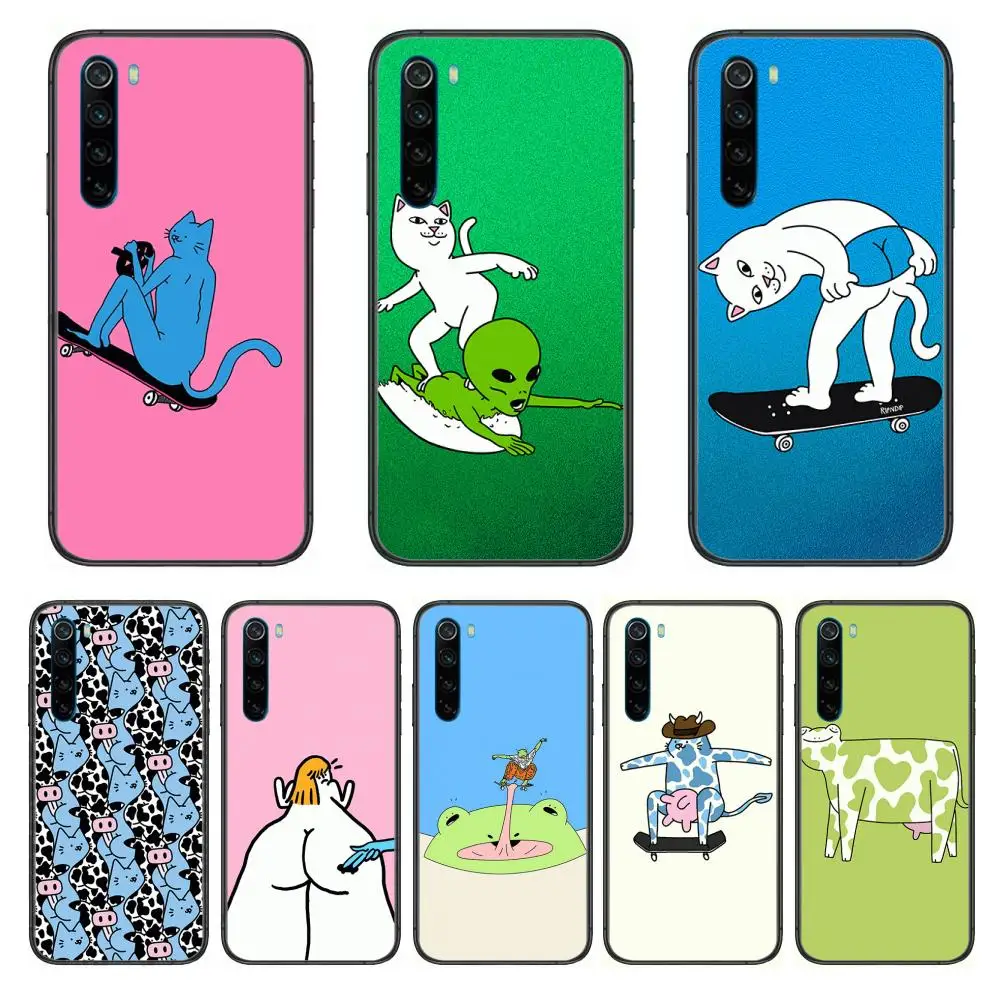 

Funny cat and skateboard cartoon Phone Case For XiaoMi Redmi Note 9S 8 7 6 5 A Pro T Y1 Anime Black Cover Silicone Back Pretty