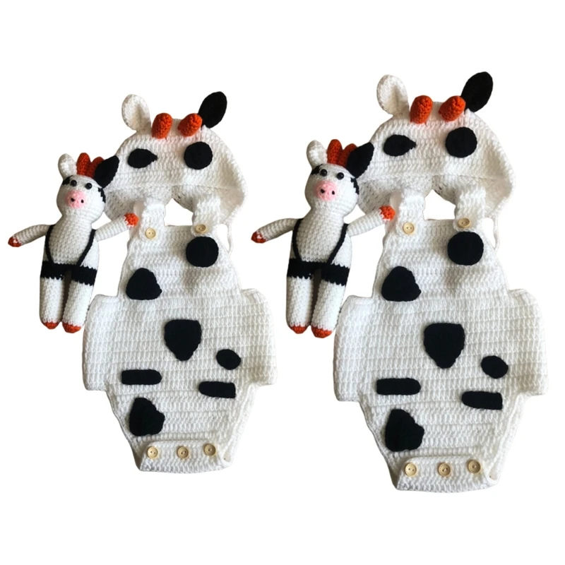 

3Pcs/Set Newborn Infant Cow Animal Photography Props Suit Knitted Buttons Bodysuit Rompers with Beanie Hat Doll Outfits