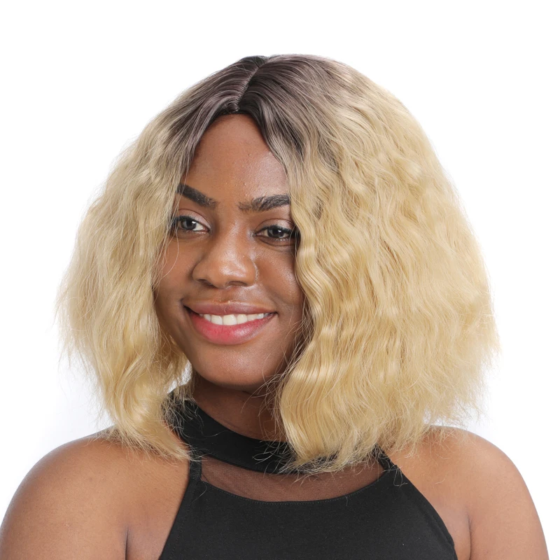 

ZM Short Blonde Wavy Wig High Qualtiy Synthetic Curly Wigs Black And 613 Two Tone Heat Resistant Hair For Women 160g