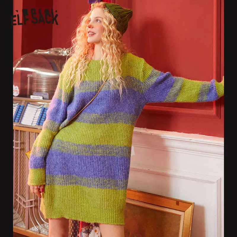 Женское прямое платье ELFSACK розовое повседневное Свободное в зеленую полоску с