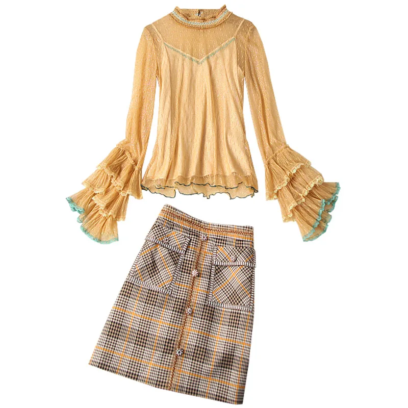 

Fashion 3 Piece Set Streetwear Womens Clothing 2020 Summer New Long Sleeved Mesh Tops + Camis + High Waist Plaid Skirt