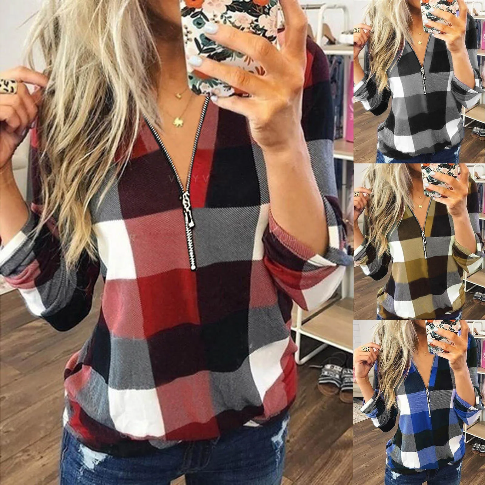 

S-XXXL Autumn Winter Fashion Womens Casual V-Neck Zipper Plaid Printed Long Sleeve Shirt T-shirt Tops אישה חולצות All-match F4