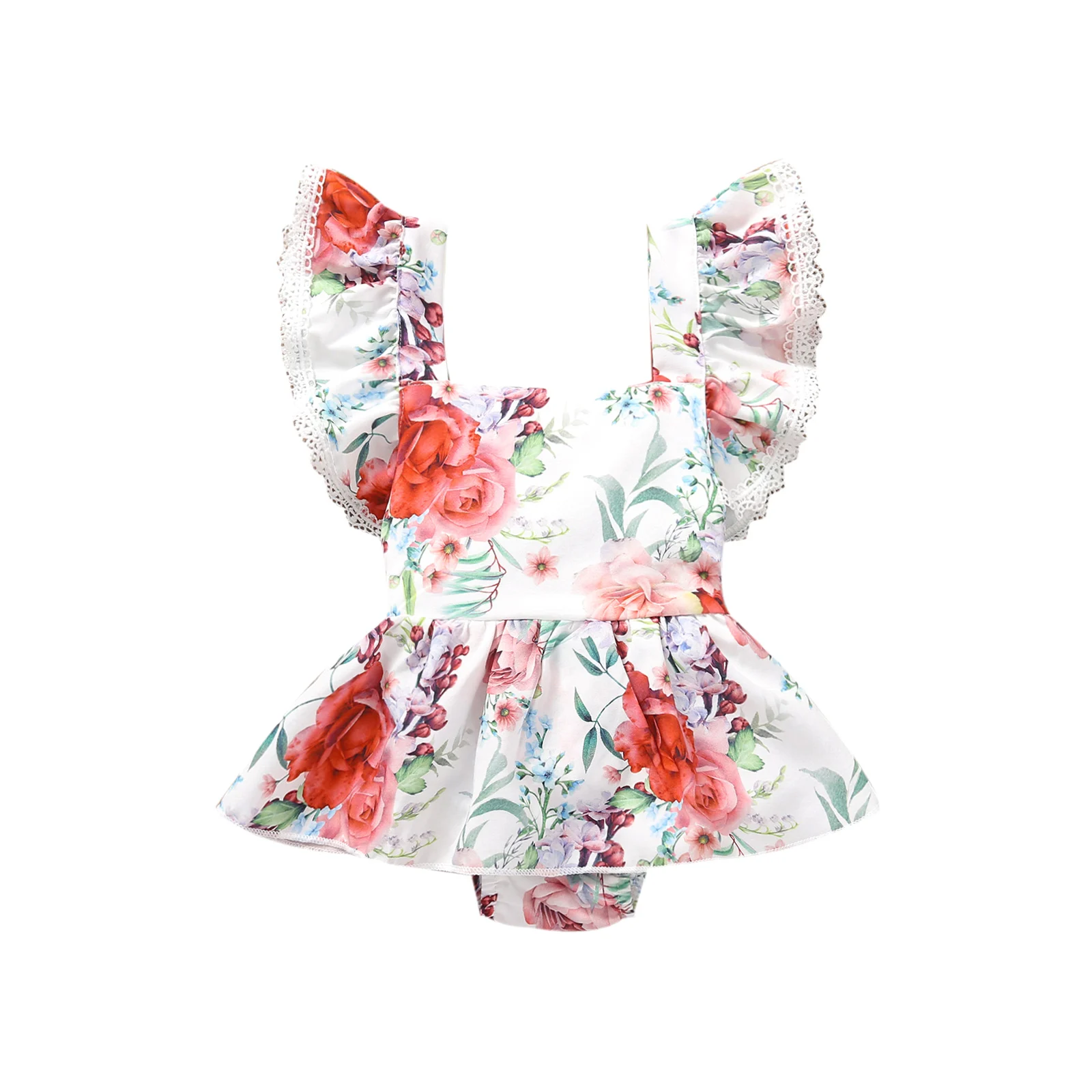 

Летняя модная детская одежда, комбинезон для девочек, милый Стильный комбинезон для малышей с цветочным принтом и кружевными рукавами-летя...