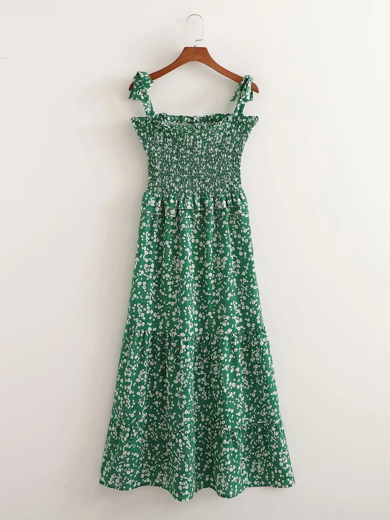 

2021 Fashion Women Green Flowers Print Strap Bow Dress Sleeveless Backless Female Casual Long Dress 1