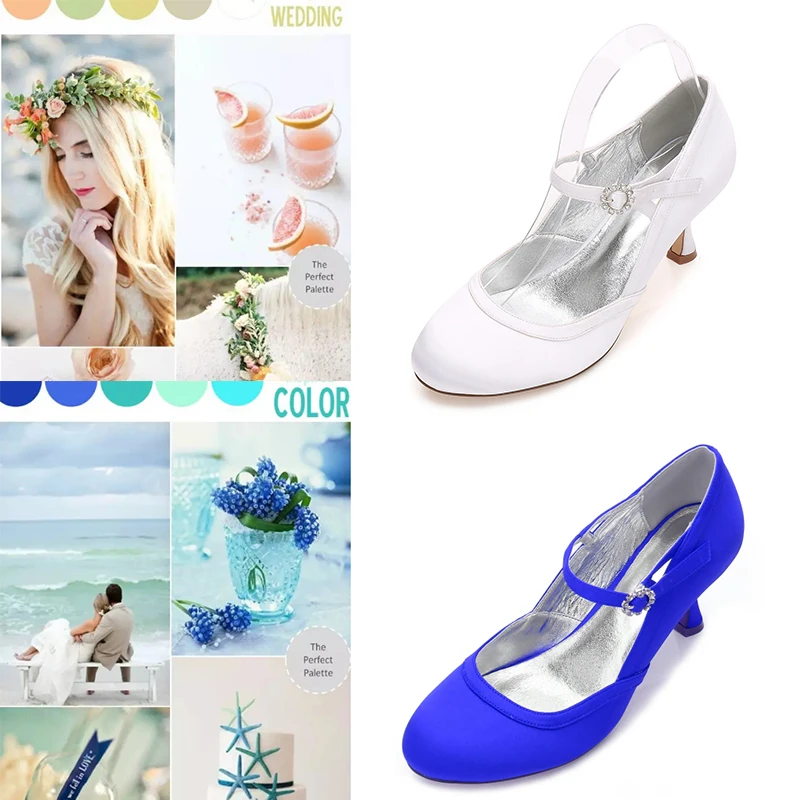 

New Women Hight Heel Satin Evening Pums Round Toe Wedding Shoes For White Ankel Strap Bride Reception Shoes Ladies Casual Shoes