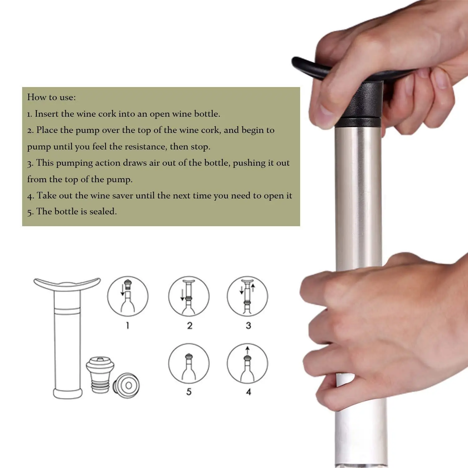 

Wine Preserver Vacuum Air Pump With 2 Wine Bottle Stoppers Durable Stainless Steel Construction Airtight, Leak-Proof Seal Easy