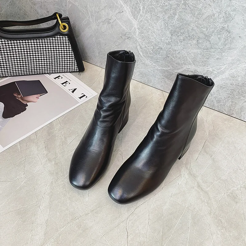 

round head Autumn 2020 new women's thick heel thin boots mesh red versatile back zipper leather short