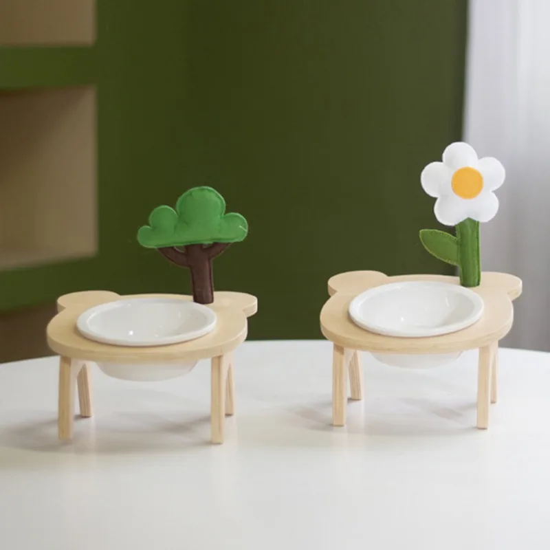 

Cat Bowl Cute Little Flower Cat Food Bowl Basswood Wooden Frame Food Grade Ceramics Removable for cleaning