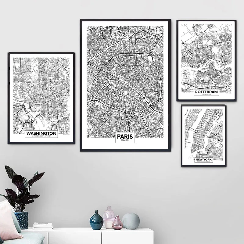 Черно-белая карта Роттердама Лондона столицы Нью-Йорка Холщовый плакат