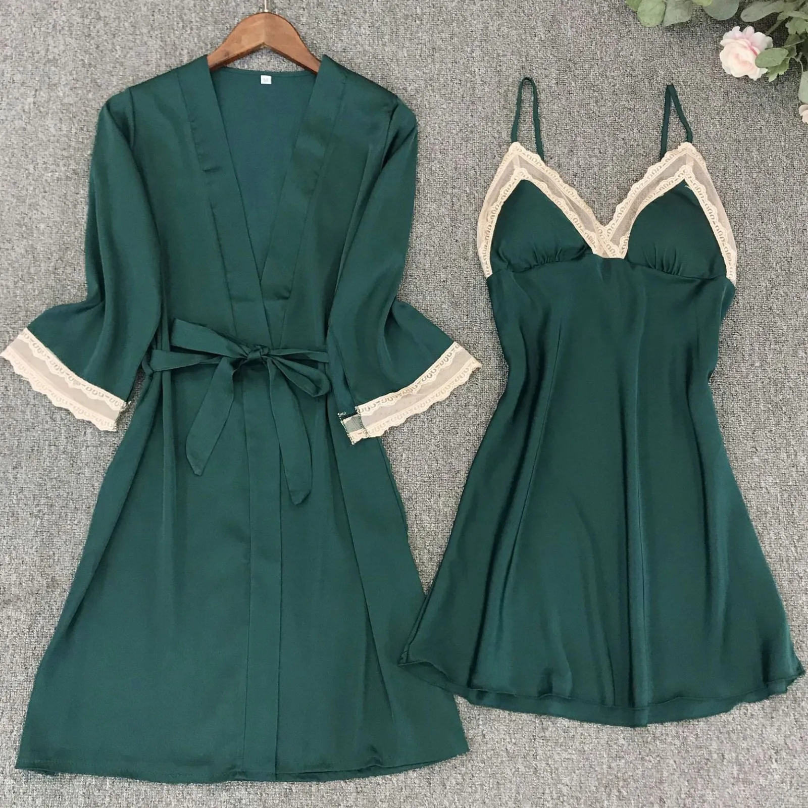 

2PCS Satin Robe Set Sexy Female Sleepwear Summer Kimono Bathrobe Lace Trim Bride Bridesmaid Dressing Gown Casual Nightgown