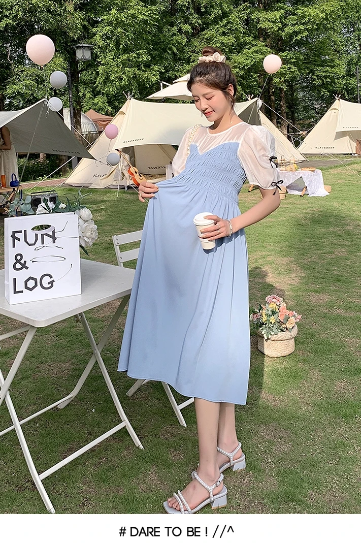 

663# Summer Korean Fashion Maternity Long Dress Elegant Patchwork A Line Clothes for Pregnant Women Lovely Pregnancy Party Dress