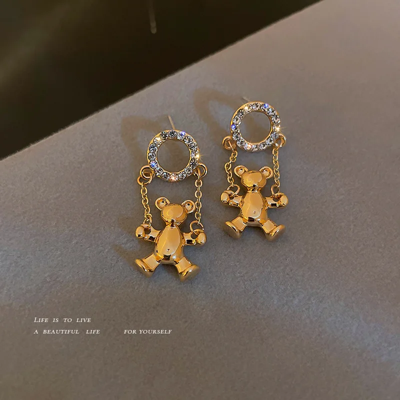 

925 Silver Needle Temperament Sweet Cool Simple Fashion Design Feeling Flash Diamond Ring Bear Earrings Female